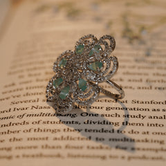 Traditional Silver Plated Teal Sapphire with Blue Diamonds Ring