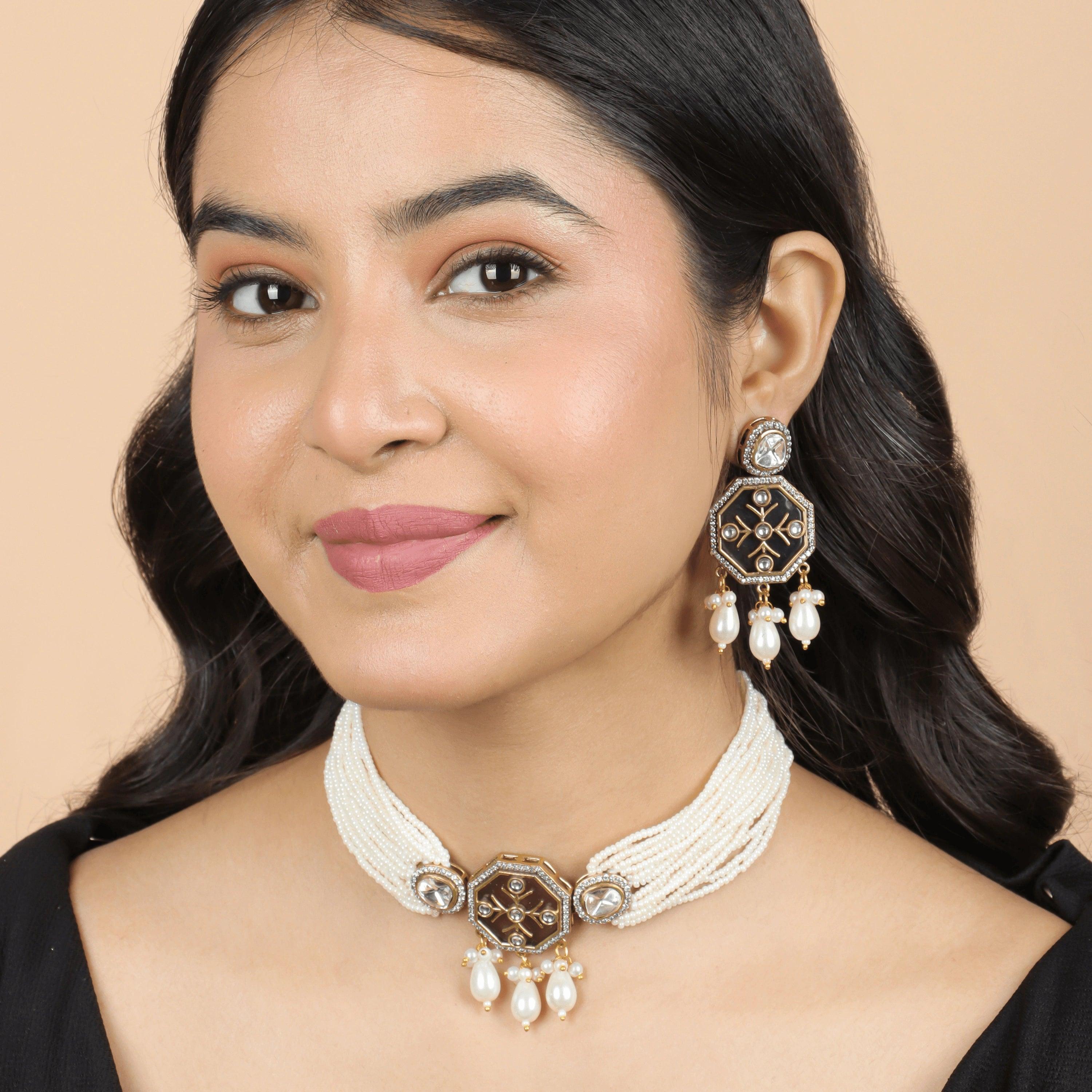 Laal Kundan Pearl Choker with Earrings - Rukhmani