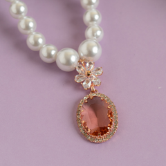 White Pearls and Orange Diamond Attractive Necklace with Earrings