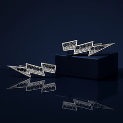 925 Sterling Silver Rhodium Plated Lightning Bolt Ear Cuffs with Black Cubic Zirconia