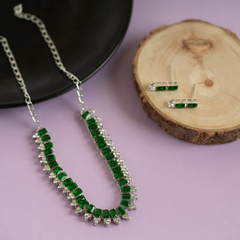 Green and Silver American Diamond Necklace Set with Earrings