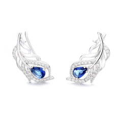 925 Sterling Silver Rhodium Plated Peacock Feather Ear Cuffs with Blue Cubic Zirconia