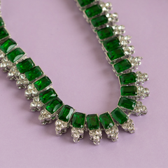 Green and Silver American Diamond Necklace Set with Earrings