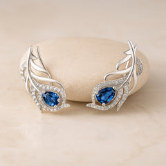 925 Sterling Silver Rhodium Plated Peacock Feather Ear Cuffs with Blue Cubic Zirconia