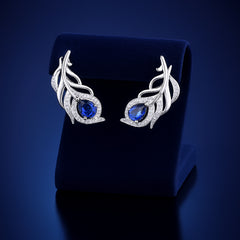 925 Sterling Silver Rhodium Plated Peacock Feather Ear Cuffs with Blue Cubic Zirconia