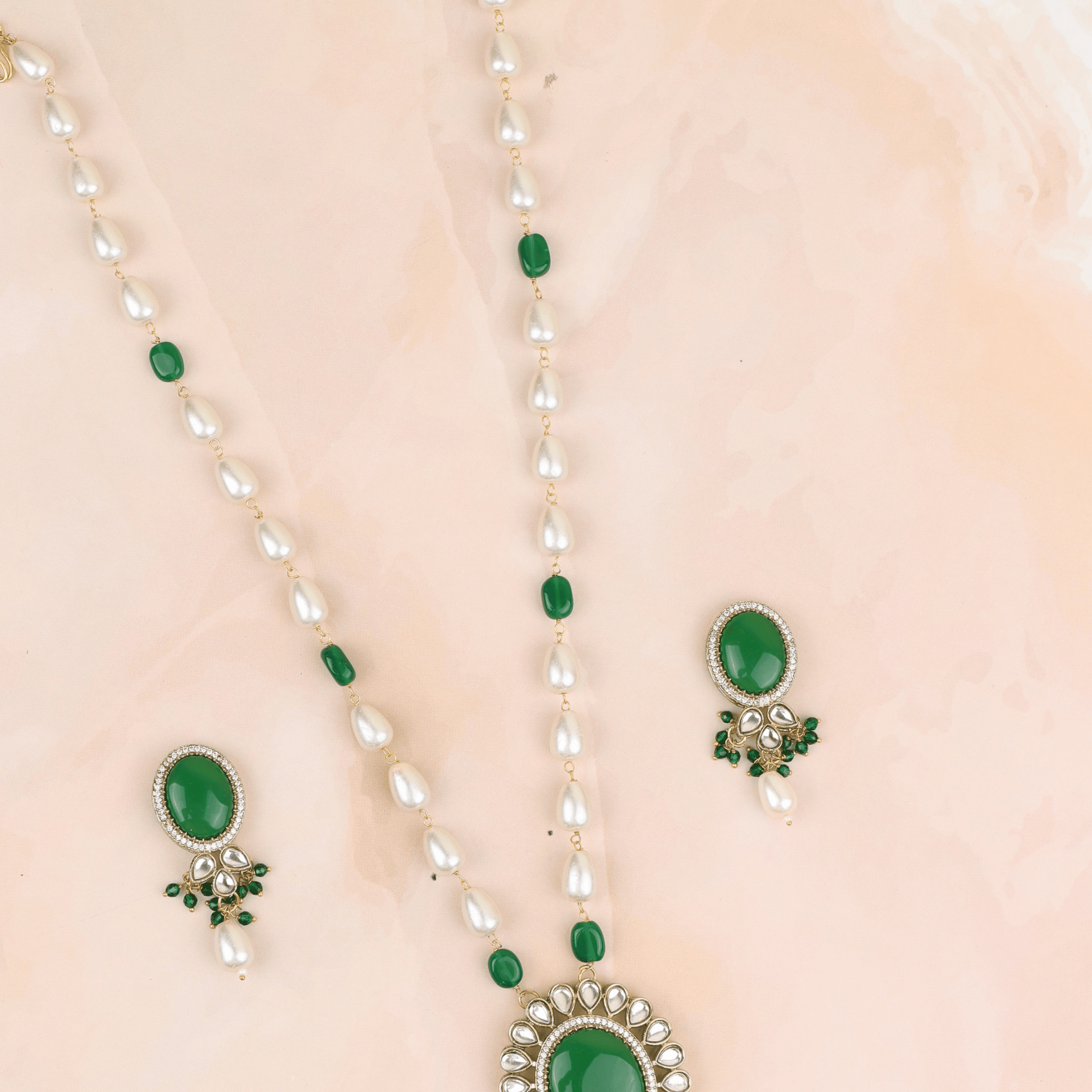 Green Stone Treasure Long Necklace with Earrings - Rukhmani