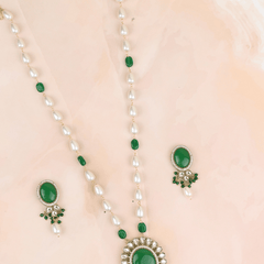 Green Stone Treasure Long Necklace with Earrings - Rukhmani