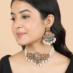 Multicolored Stone Pearl Choker Set with Earrings