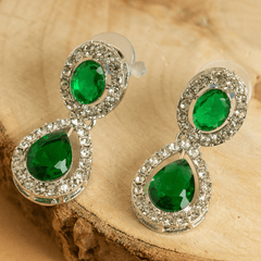 Fancy Silver Plated Green American Diamond Necklace Set With Earrings - Rukhmani