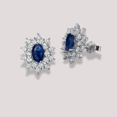 925 Sterling Silver Oval Blue Stone Stud Earrings|Rhodium Plated with Cubic Zirconia Halo