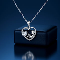 925 Silver Mother and Child Heart Pendant with Crystal Accent