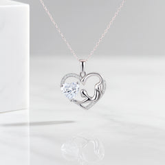 925 Silver Mother and Child Heart Pendant with Crystal Accent