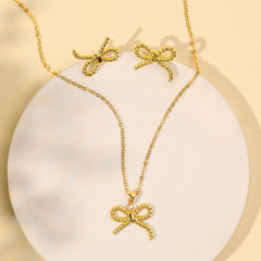 Gold Plated Bow Chain Pendant With Earrings - Rukhmani