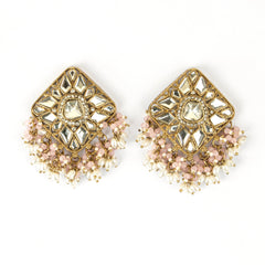 Trending Design Square Polki Jhumkas With Hanging Pink Beads - Rukhmani