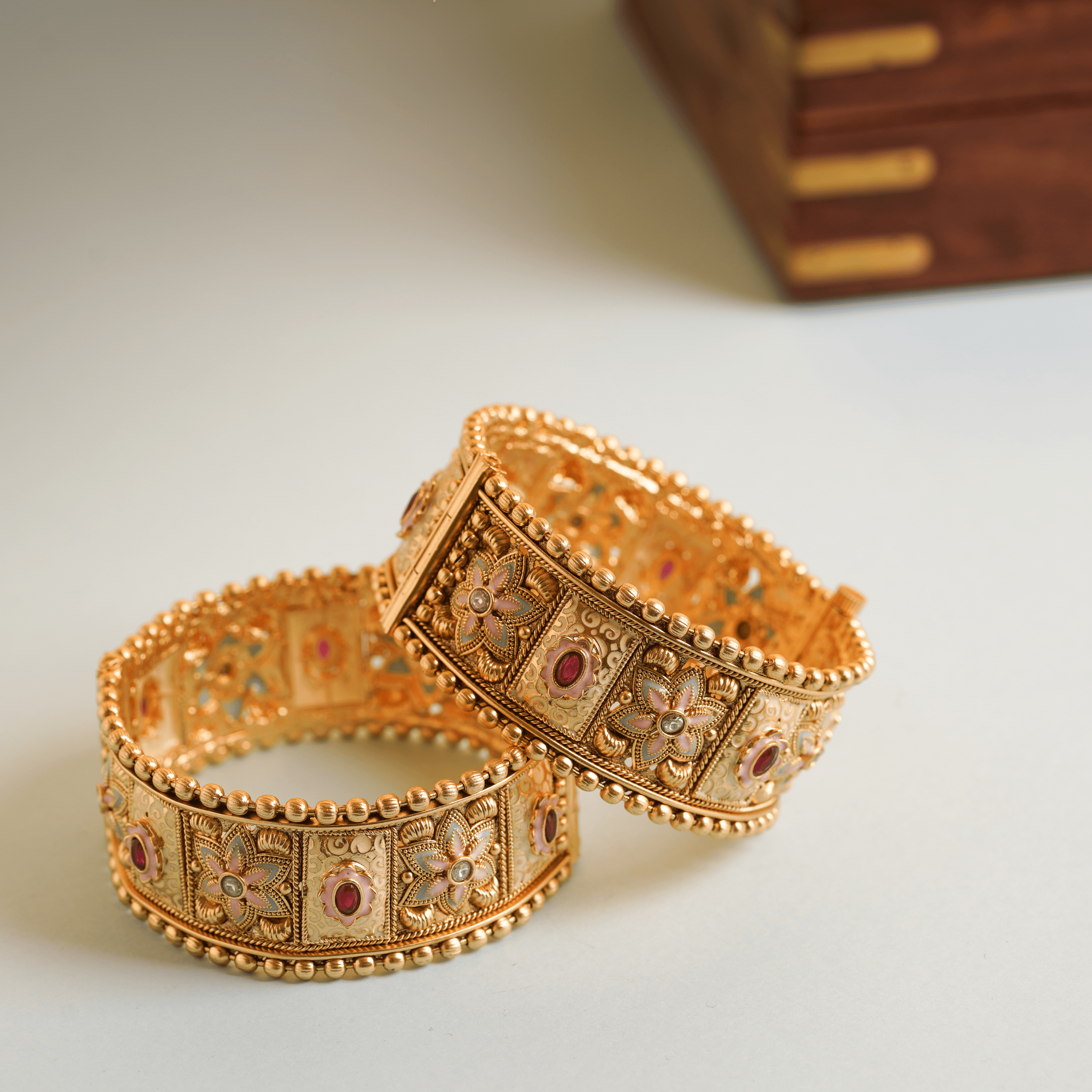 Gold Plated Maroon Diamond Traditional Indian Design Bangles - Rukhmani