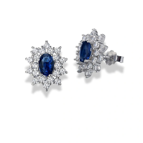 925 Sterling Silver Oval Blue Stone Stud Earrings|Rhodium Plated with Cubic Zirconia Halo