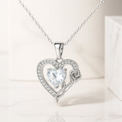 925 Silver Heart Pendant with Crystal and Rose Detail
