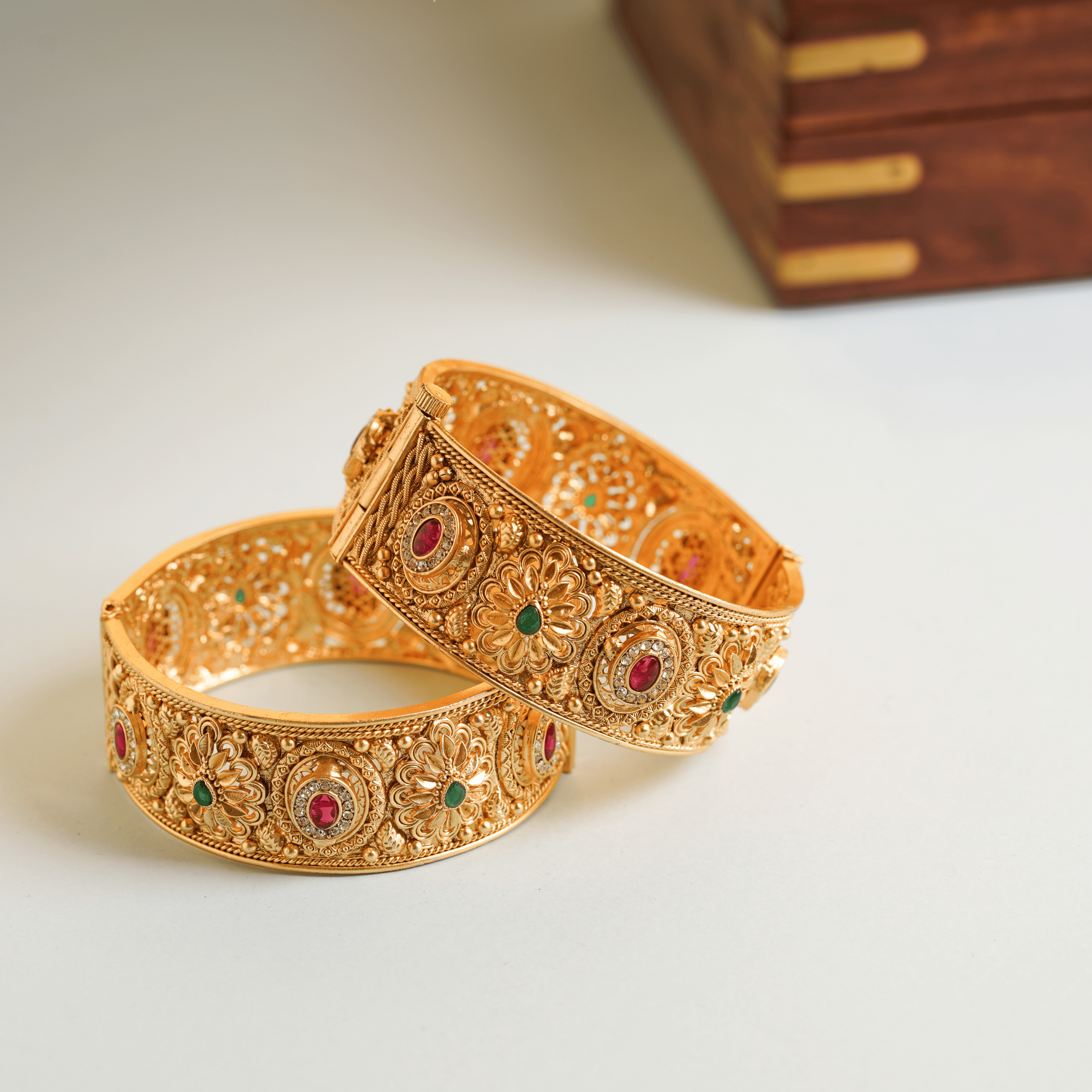 Royal Gold Plated Rajwadi Red Diamond Kaka Bangles - Rukhmani