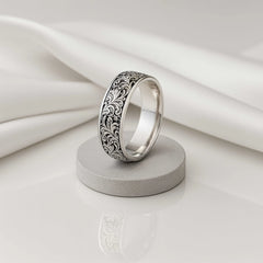 925 Sterling Silver Rhodium Plated Vintage Engraved Band Ring for Men
