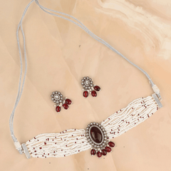 Red Stone Pearl Choker with Earrings - Rukhmani