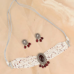 Red Stone Pearl Choker with Earrings
