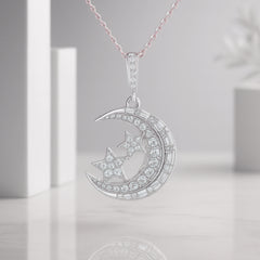925 Silver Crescent Moon and Stars Pendant with Crystal Detailing