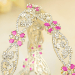 Latest Fancy Design Pink Blossom American Diamond Bangles - Rukhmani