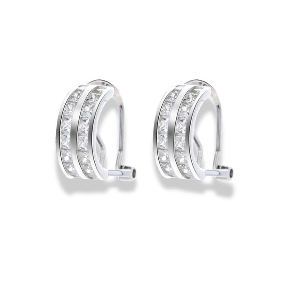 925 Sterling Silver Double Row Hoop Earrings|Rhodium Plated with Cubic Zirconia