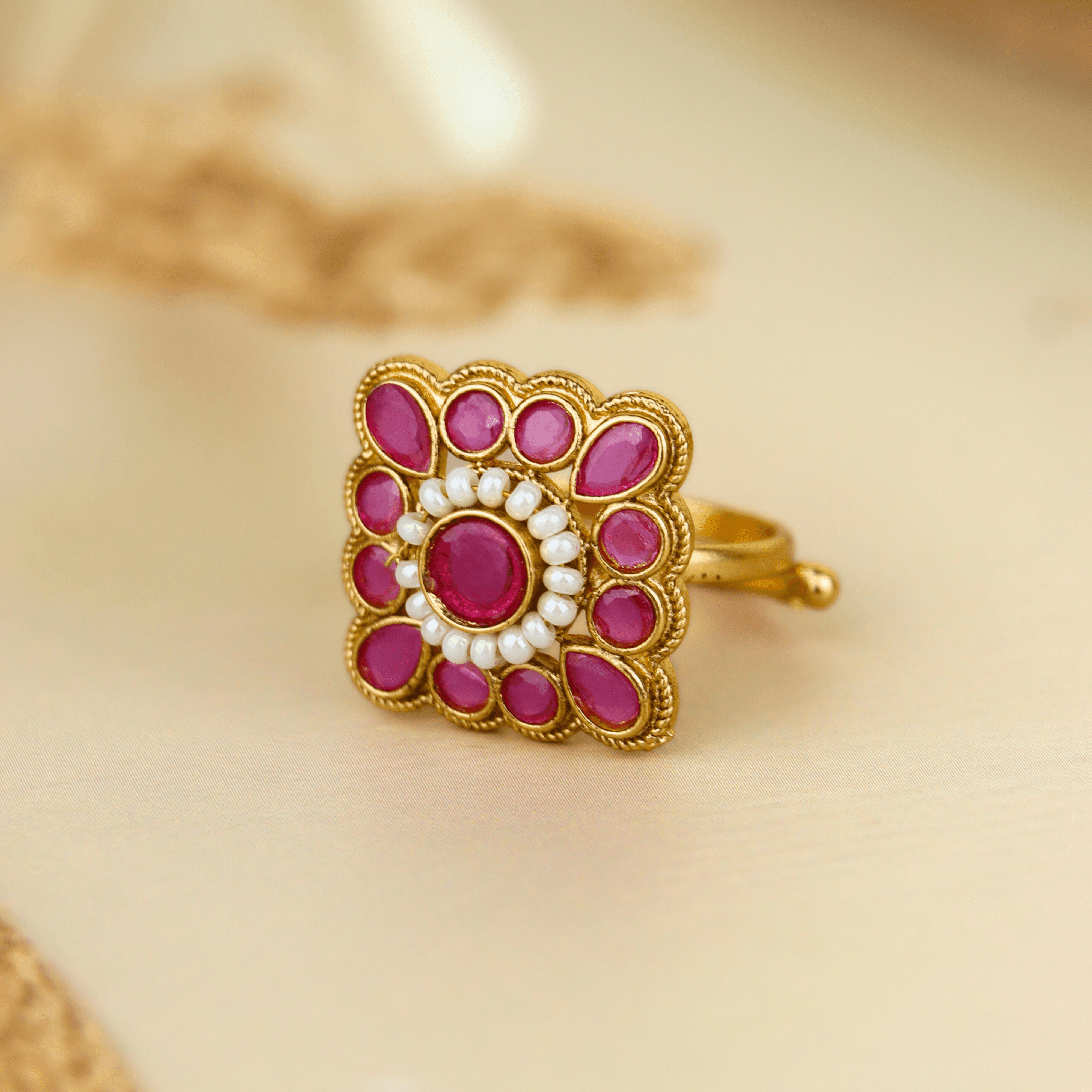 Beautiful Design Gold Plated Square Pink Stone Rajwadi Ring - Rukhmani