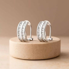 925 Sterling Silver Double Row Hoop Earrings|Rhodium Plated with Cubic Zirconia