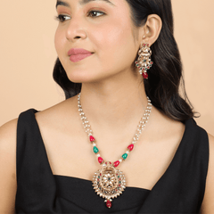 Rajwadi Red & Green Kundan Necklace with Earrings