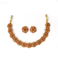 Royal South Indian Red Stone Necklace with Earrings - Rukhmani