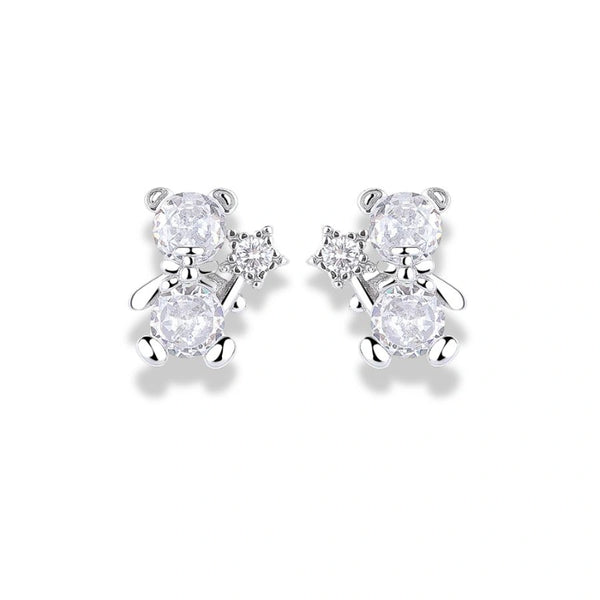 925 Sterling Silver Teddy Bear Stud Earrings|Rhodium Plated with Cubic Zirconia