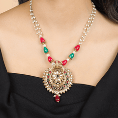 Rajwadi Red & Green Kundan Necklace with Earrings