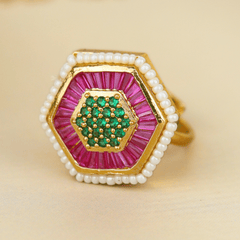 Beautiful Design Gold Plated Pearl and Pink Hexagonal Rings - Rukhmani