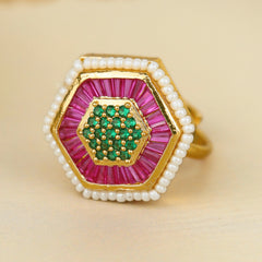 Beautiful Design Gold Plated Pearl and Pink Hexagonal Rings