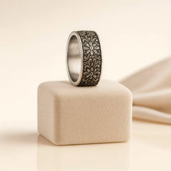925 Sterling Silver Men’s Floral Band Ring | Rhodium Plated Vintage Flower Design