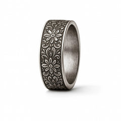 925 Sterling Silver Men’s Floral Band Ring | Rhodium Plated Vintage Flower Design