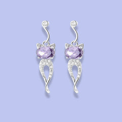 925 Sterling Silver Cat Drop Earrings|Rhodium Plated with Purple and Cubic Zirconia Stones