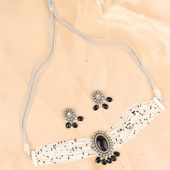 Black Kundan Pearl Choker with Earrings