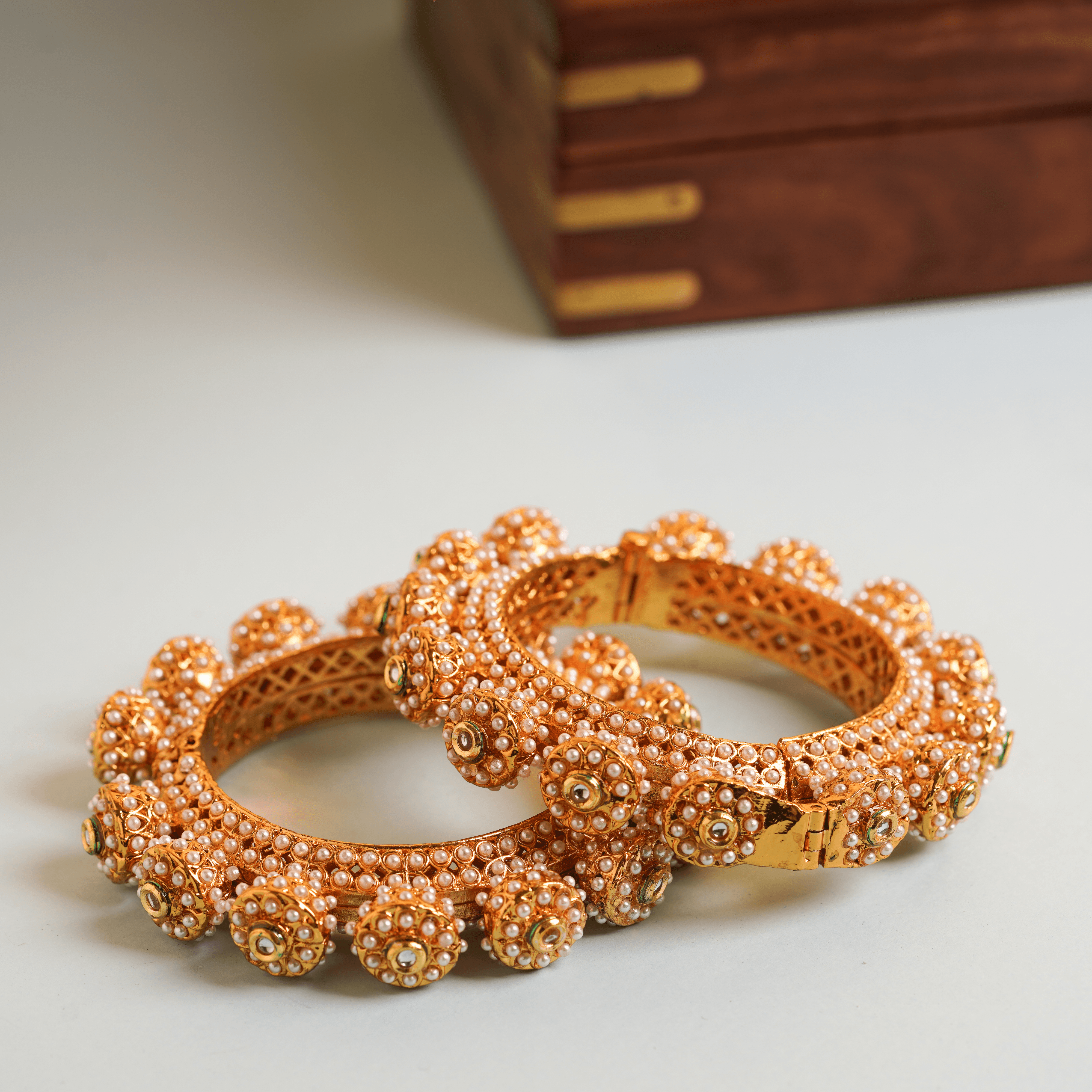 Designer Pearl Gold Plated Temple Rajwadi Kada Bangles - Rukhmani