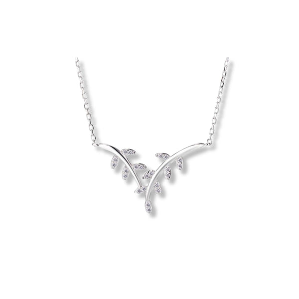 925 Sterling Silver Leaf Motif Necklace with CZ Accents