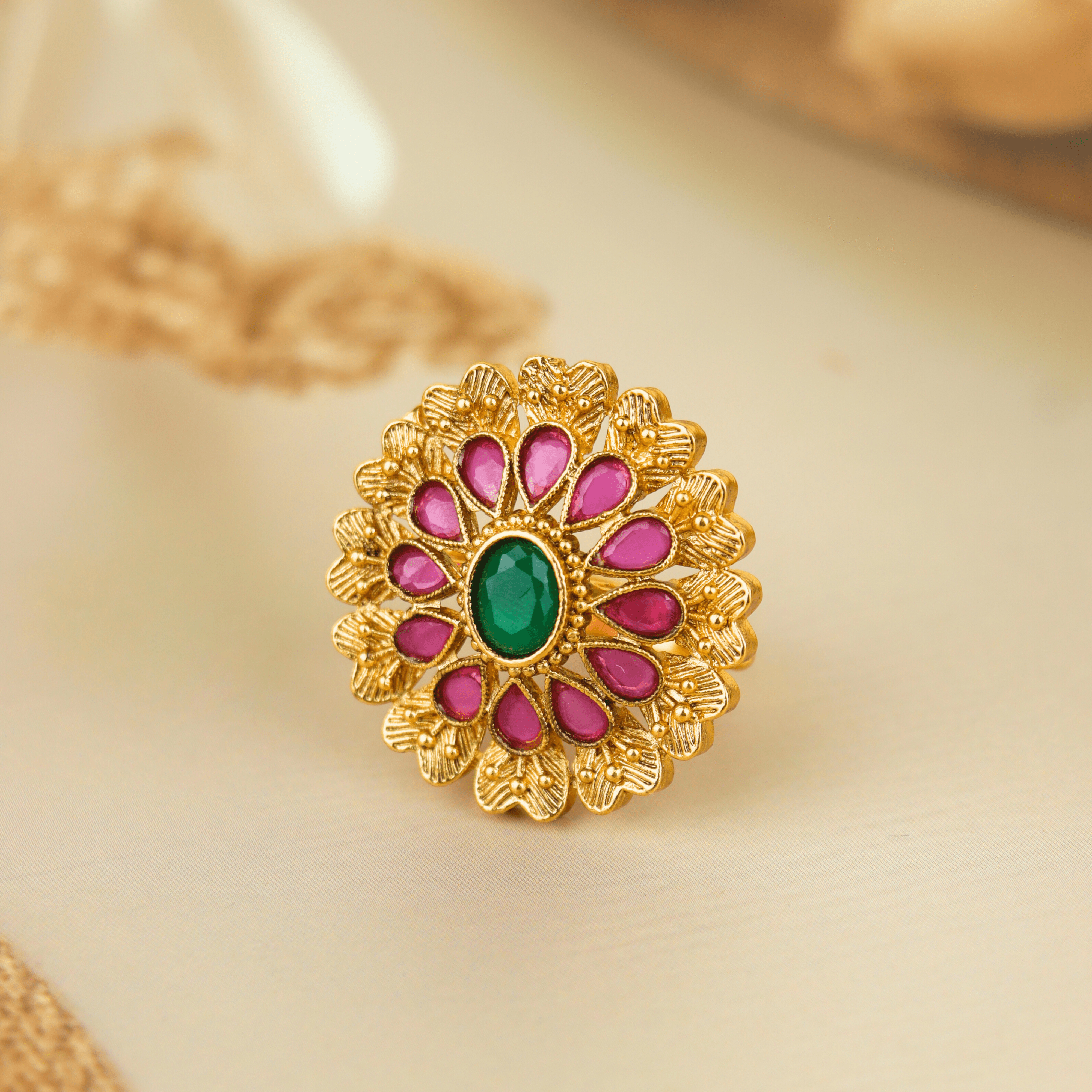 Gold Plated Green Stone Flower Rajwadi Rings - Rukhmani