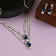 Fancy Double Layer Silver Plated Blue And Clear Diamond Necklace Set With Earrings - Rukhmani