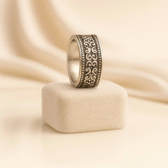925 Sterling Silver Men’s Floral Band Ring | Rhodium Plated Vintage Flower Design