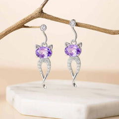 925 Sterling Silver Cat Drop Earrings|Rhodium Plated with Purple and Cubic Zirconia Stones