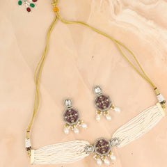 Laal Kundan Pearl Choker with Earrings - Rukhmani