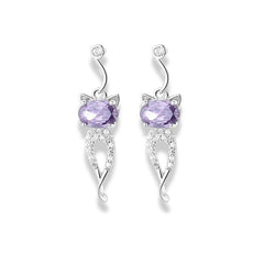 925 Sterling Silver Cat Drop Earrings|Rhodium Plated with Purple and Cubic Zirconia Stones
