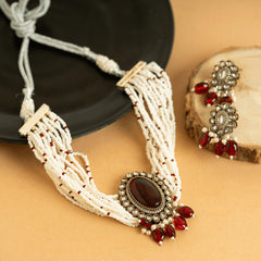 Red Stone Pearl Choker with Earrings - Rukhmani