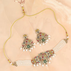 Multicolored Stone Pearl Choker Set with Earrings